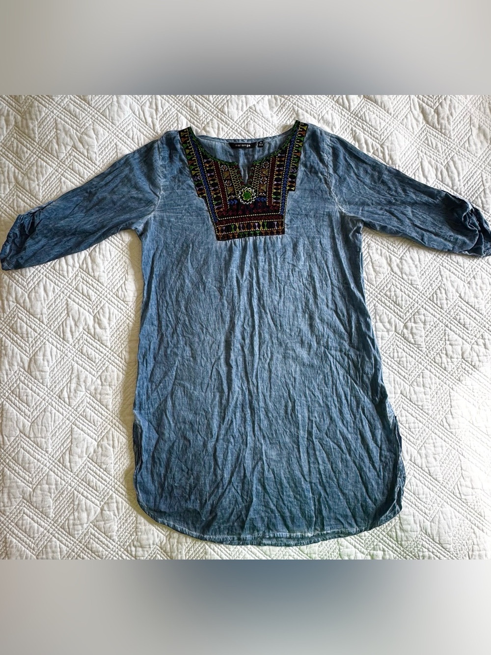Melange Blue Embroidered Cotton Tunic Dress Size Medium Swimsuit Coverup